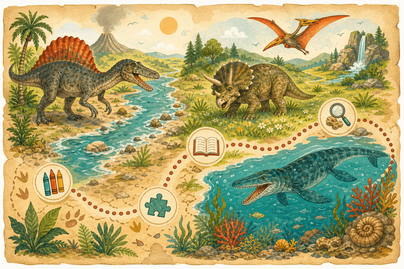 Illustrated prehistoric expedition map with Spinosaurus, Triceratops, Mosasaurus, Pteranodon, and activity icons
