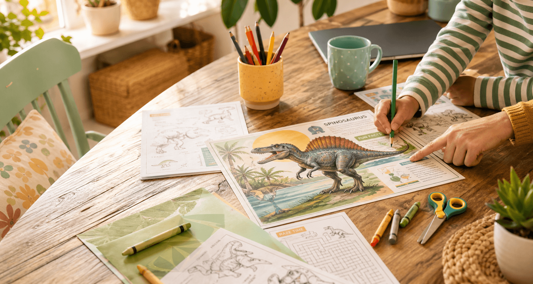 Printable Spinosaurus activity pages, crayons, and scissors on a sunny kitchen table