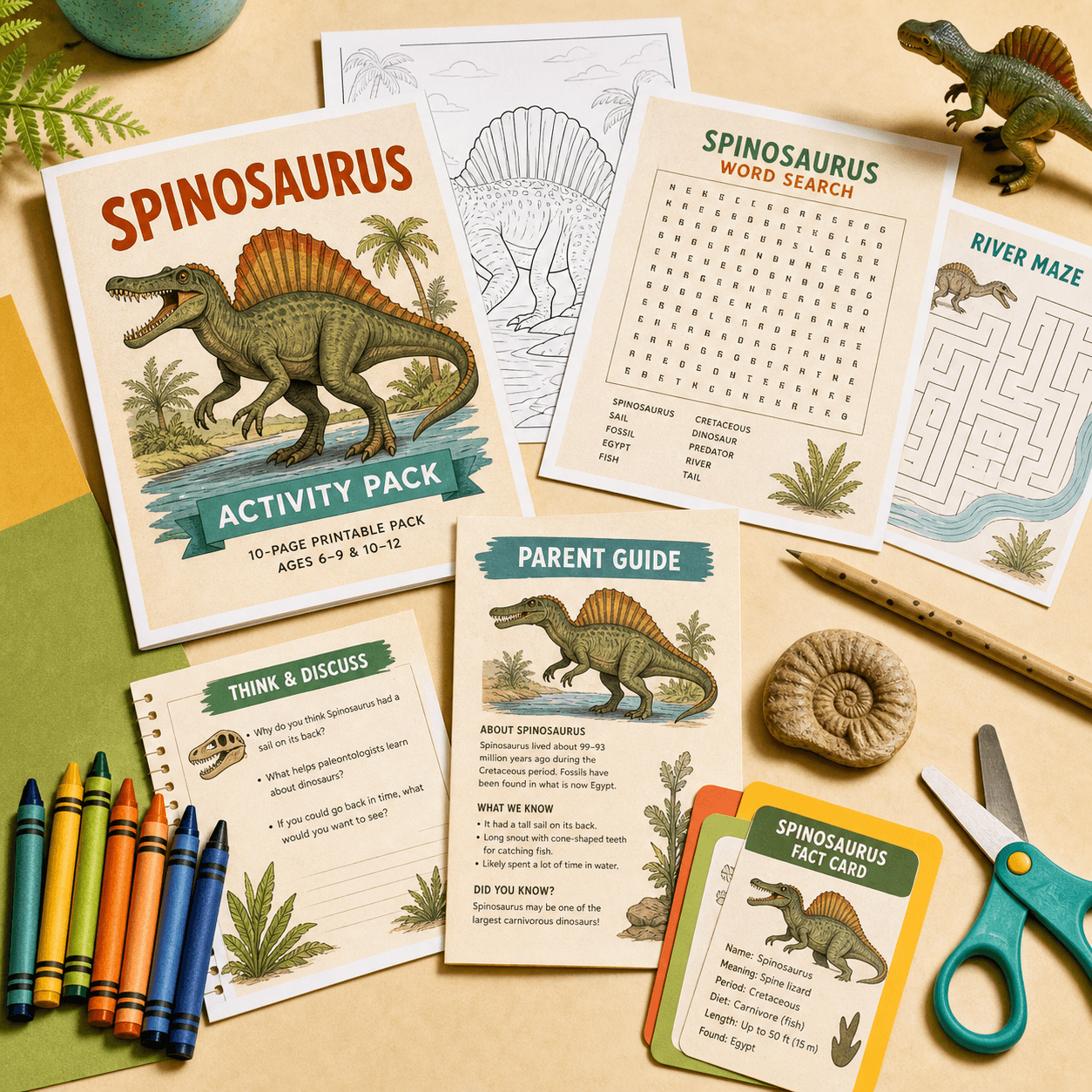 A flat lay of printable Spinosaurus activity pack pages with crayons, fact cards, and parent guide